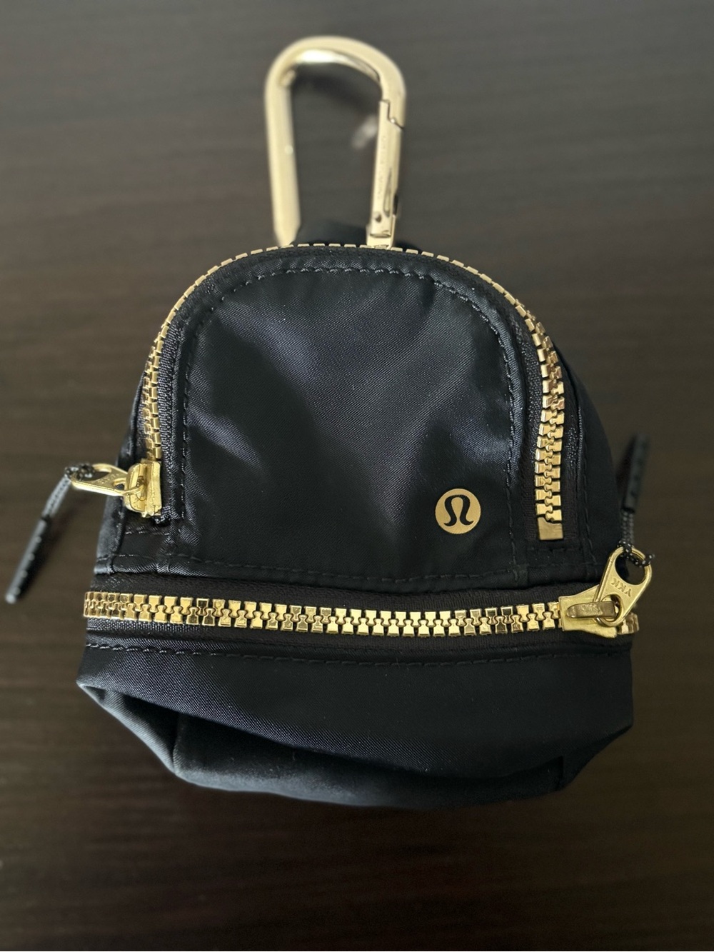 lululemon athletica Black Mini Backpack Keychain with Gold Hardware Accents